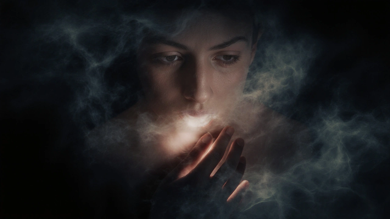 Ruka dotýkající se břicha, zatímco oči osoby jsou zavřené a v nich se odráží klid a vnitřní světlo.