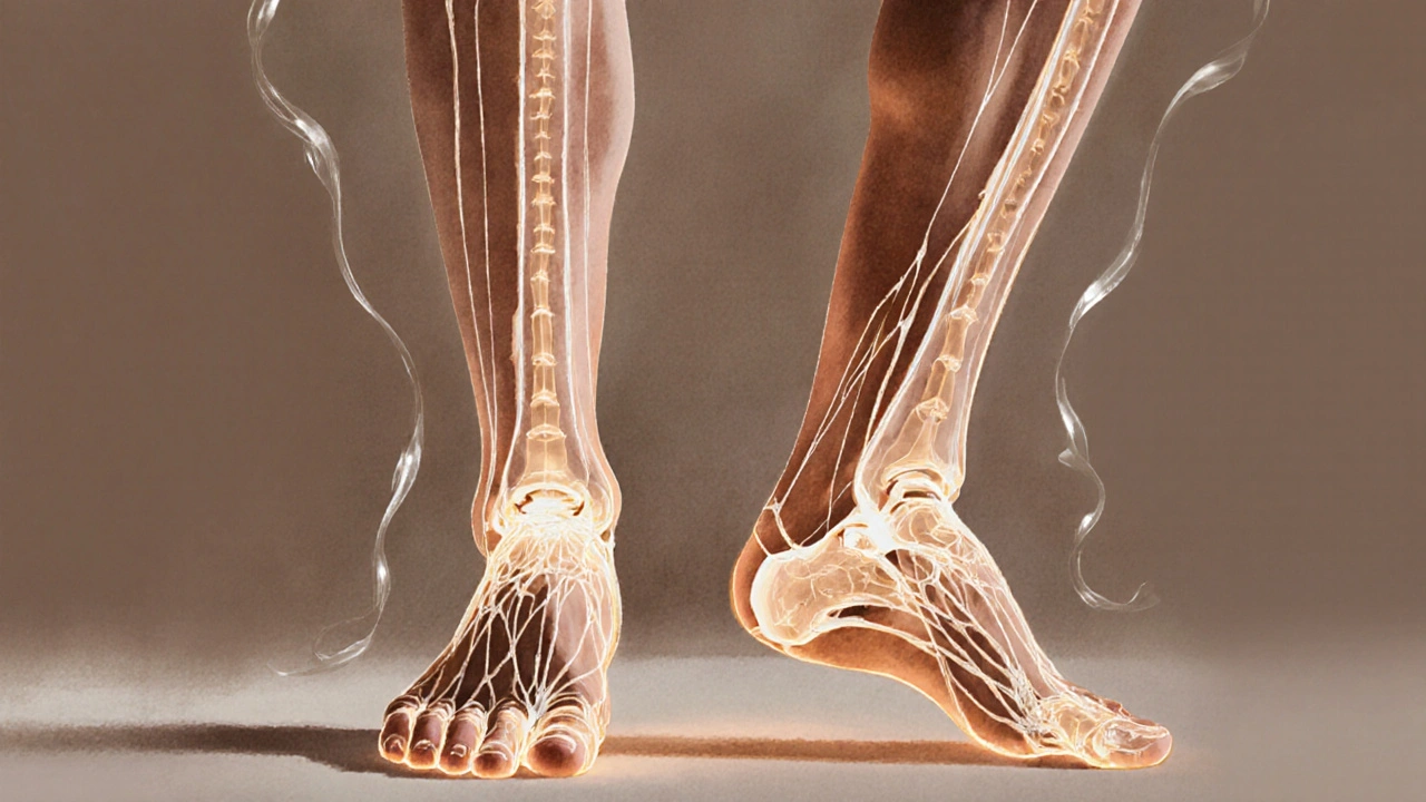 Schematické znázornění fasciálních spojení od ploch nohou až po hlavu, symbolizující celistvost těla.