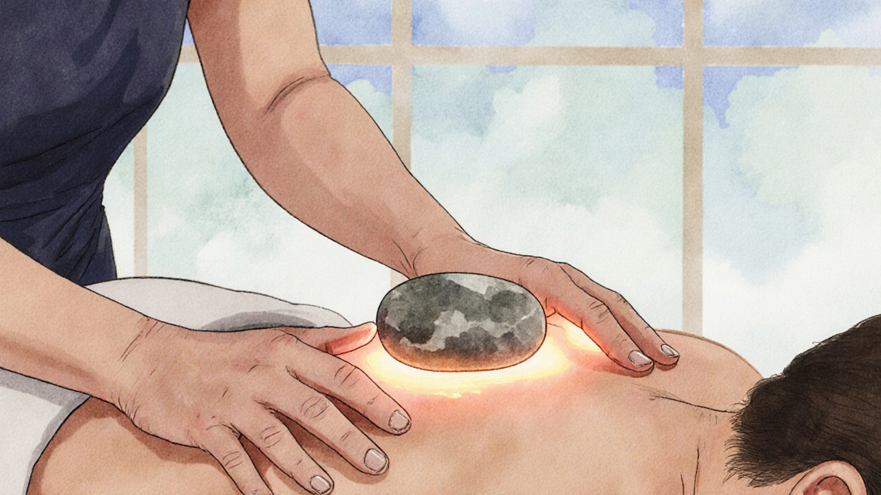 Masér používá hřejivý měsíční kámen k krouživému masírování zad.