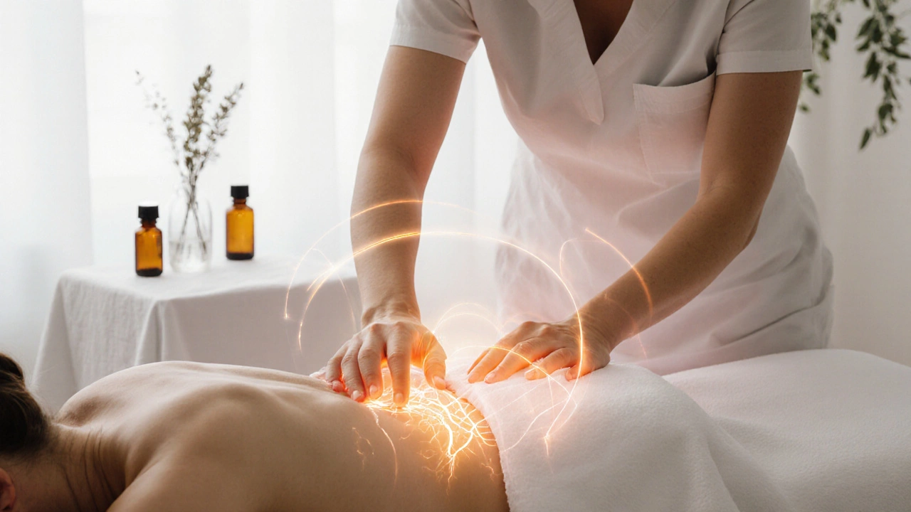 Odborník provádí jemnou pánvovou masáž po porodu s důrazem na obnovu citlivosti.