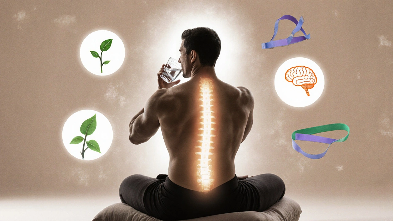 Po masáži sportovec pije vodu, obklopen symboly detoxikace a uvolnění.