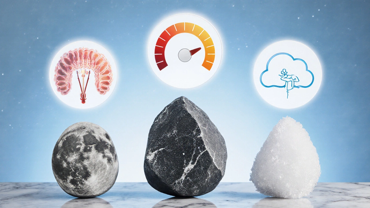 Porovnání měsíčního, bazaltového a solného kamene s vizuálními benefity.