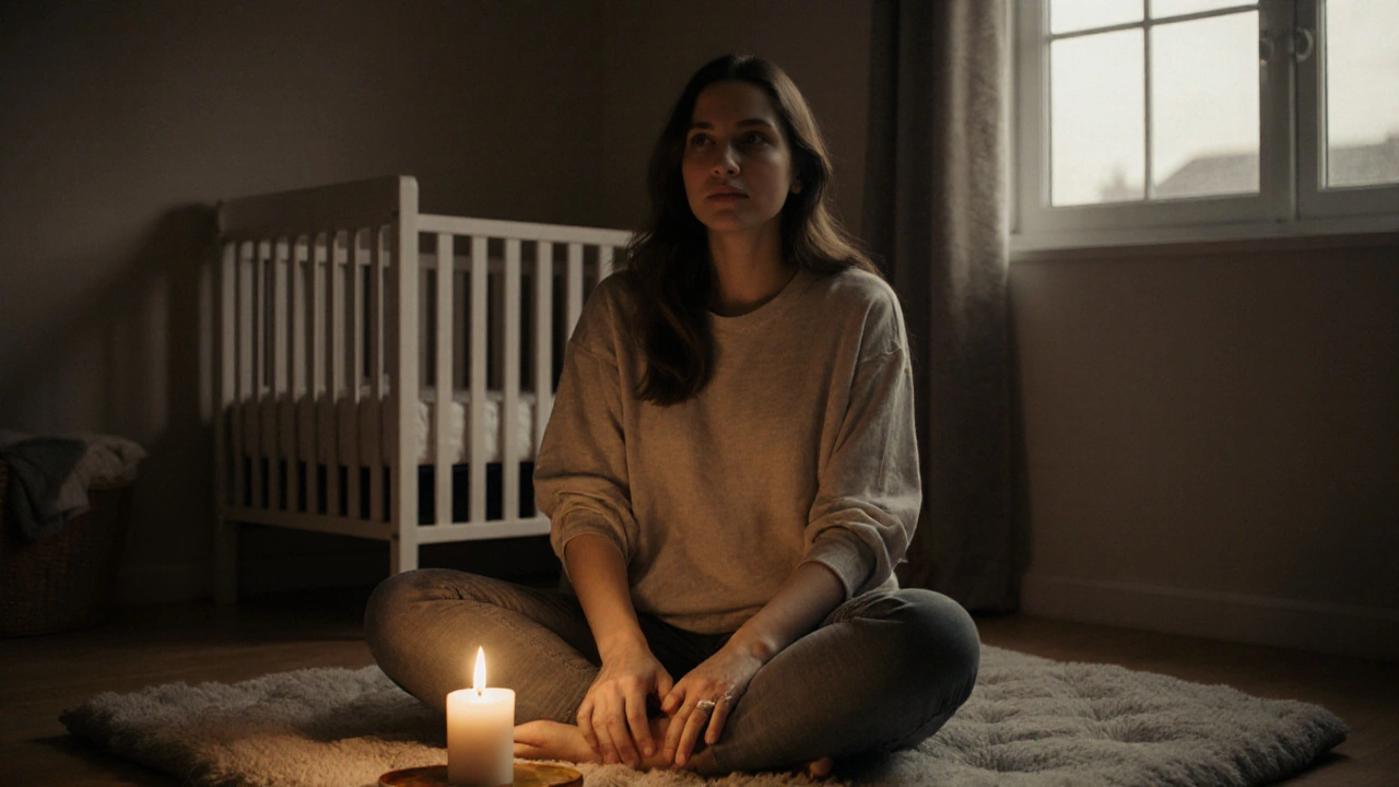 Žena jemně masíruje vlastní břicho a stehna doma s teplým olejem.