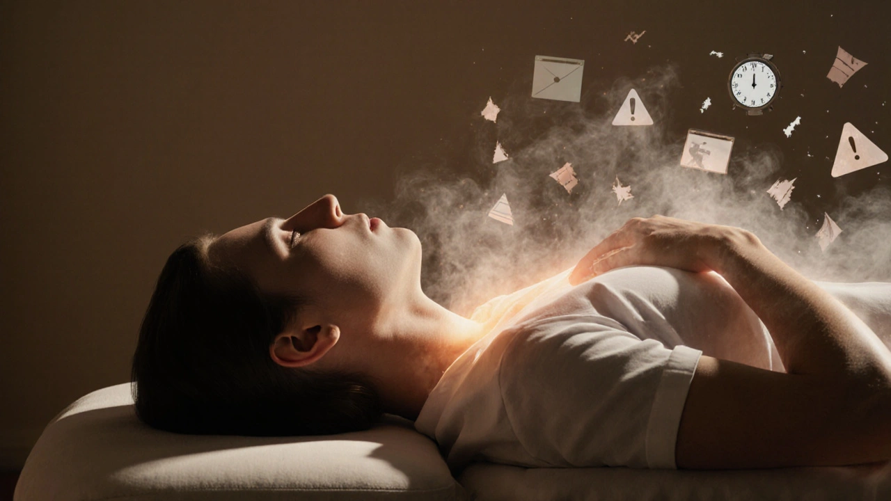 Člověk na masážním stole je obklopen vlnou klidu, která rozptyluje symboly stresu.