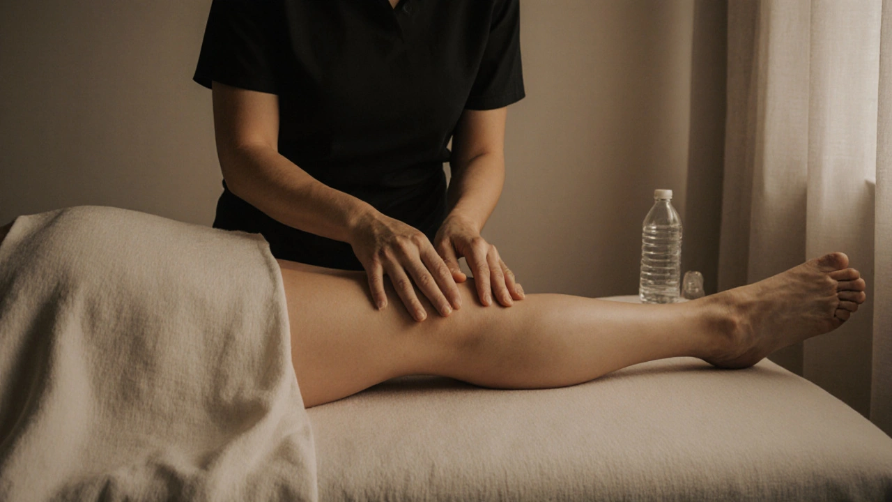 Fyzioterapeuta provádí lymfodrenáž na stehně pacientky v klidné klinice.