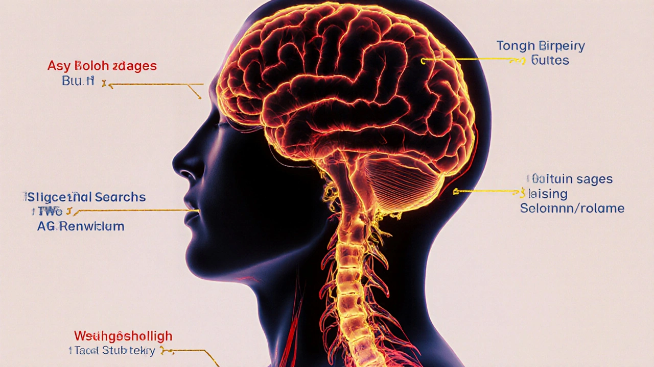 Ilustrace chemických změn v těle během masáže: klesající kortizol a rostoucí serotonin.