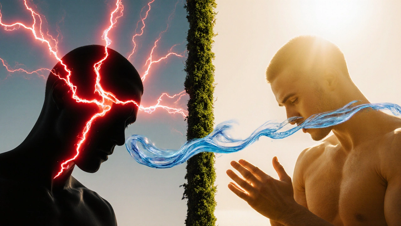 Kontrast mezi napětím a klidem: bolest vs. uvolnění v těle.