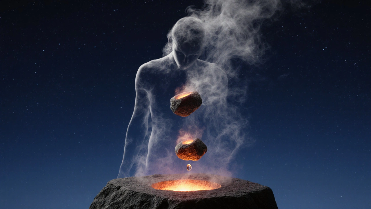 Lidská postava se mění v páru a zářící lávové kameny, symbolizující uvolnění stresu a obnovu.