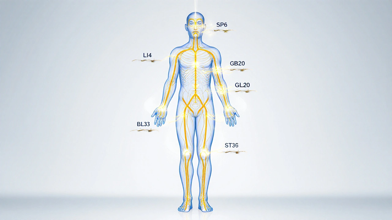  lidské tělo s vykreslenými zlatými energetickými kanály a pěti klíčovými akupresurními body.