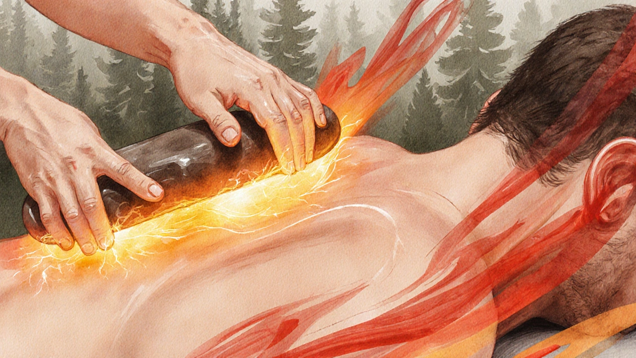 Masér pomalu posouvá teplý lávový kámen po páteři, s teplotními vlnami znázorňujícími uvolnění svalů.