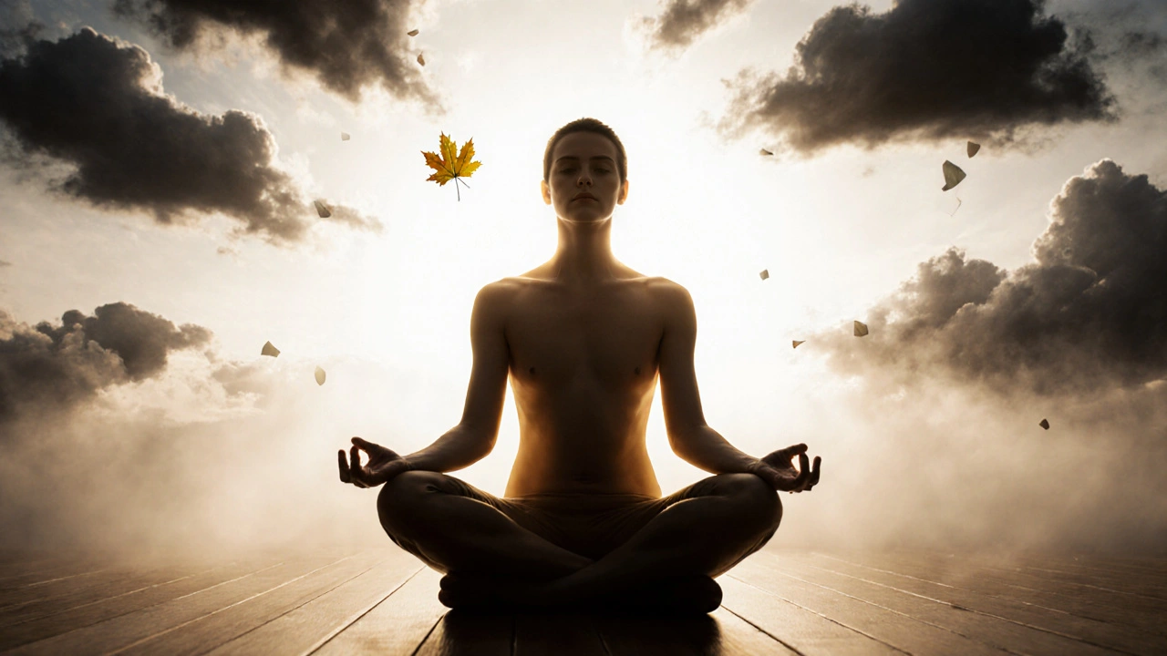 Osoba sedí v klidu, z jejího těla vychází jemné světlo, stíny stresu se rozplynou.