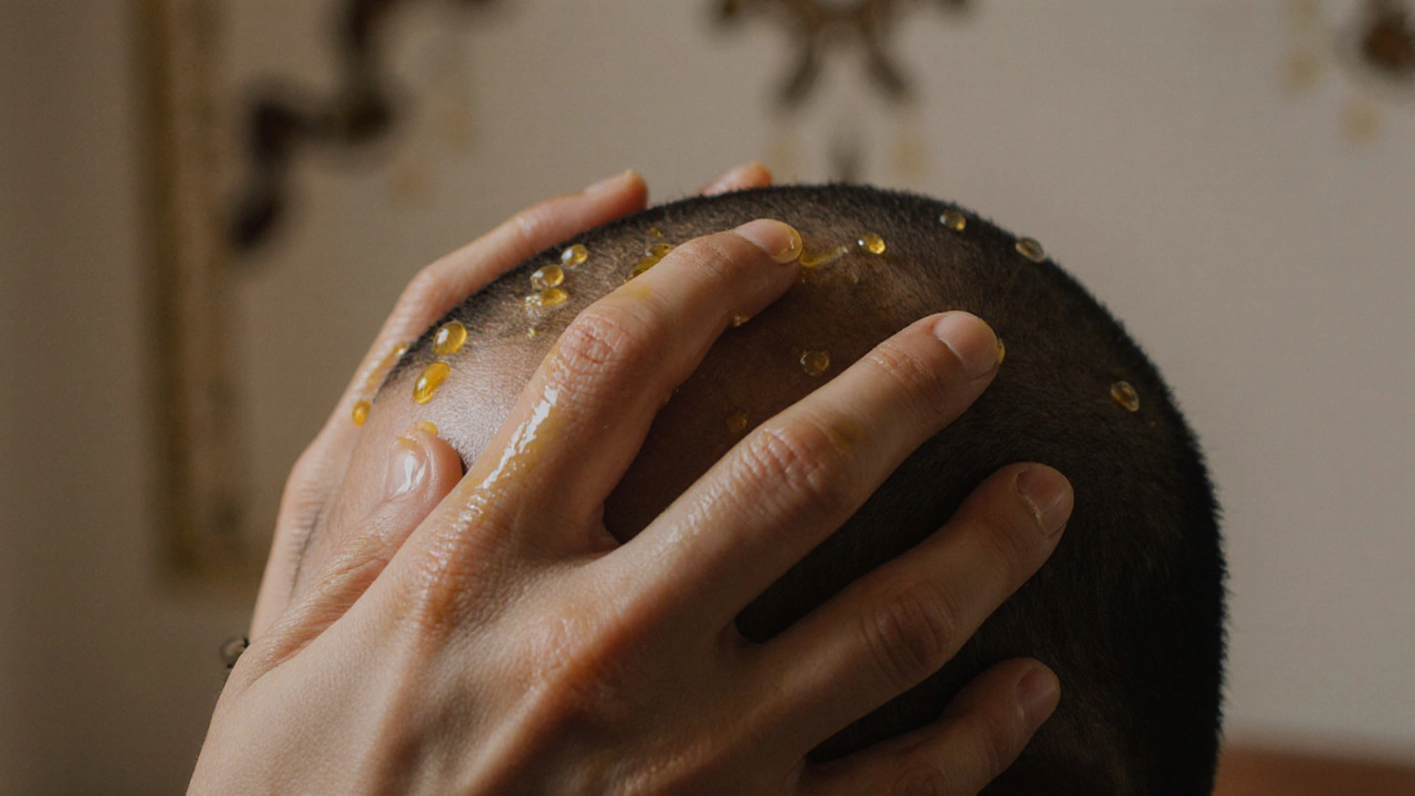 Ruce provádějí jemnou indickou masáž hlavy na čele a dočasích s teplým olejem.