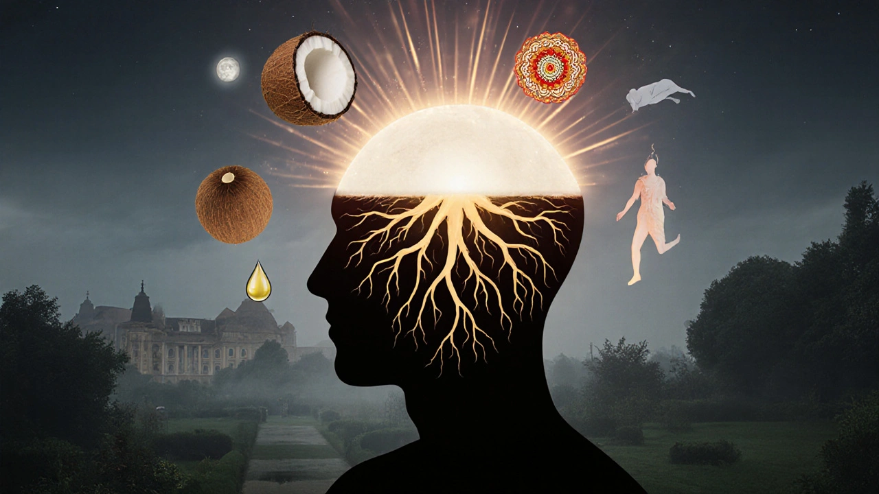 Symbolická hlava jako svítící lampa s energií proudící do země, spojující Indii a domov.