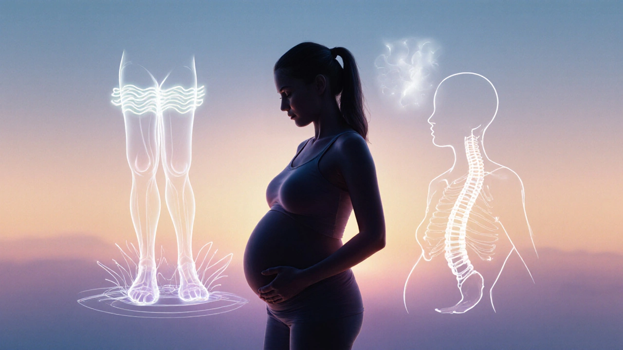 Symbolická scéna s vlnami úlevy, které odplouvají od nohou a zády těhotné ženy.