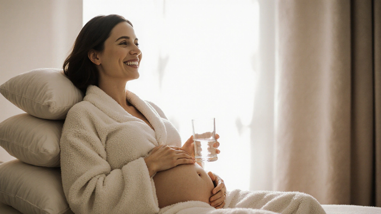 Těhotná žena po masáži, klidně sedí a pije vodu, září v ní klid a uvolnění.