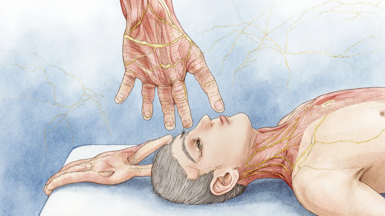 Ukázka klíčových bodů pro úlevu od migrény s jemnými stopami rukou.