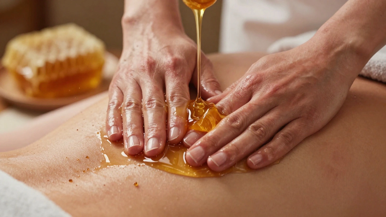 Detailní záběr rukou s medem na kůži, s viditelnými vlákny lepkavého medu a odtrženými buňkami kůže.