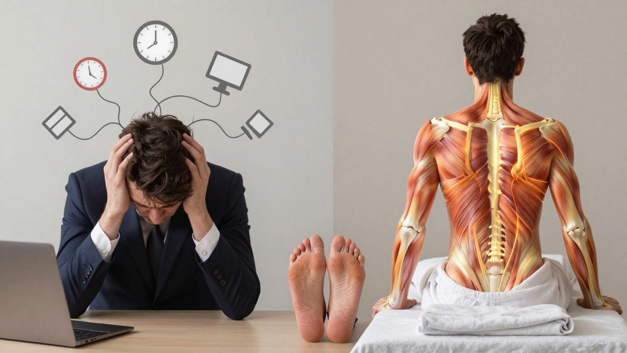 Dvě strany jedné scény: napjatý člověk před masáží a uvolněný po ní, symbolizující přeměnu těla.