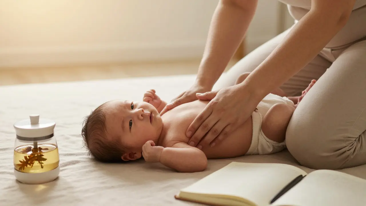 Maminka jemně masíruje bříško novorozence na svých kolenech, zatímco ho jemně hladí po zádech.