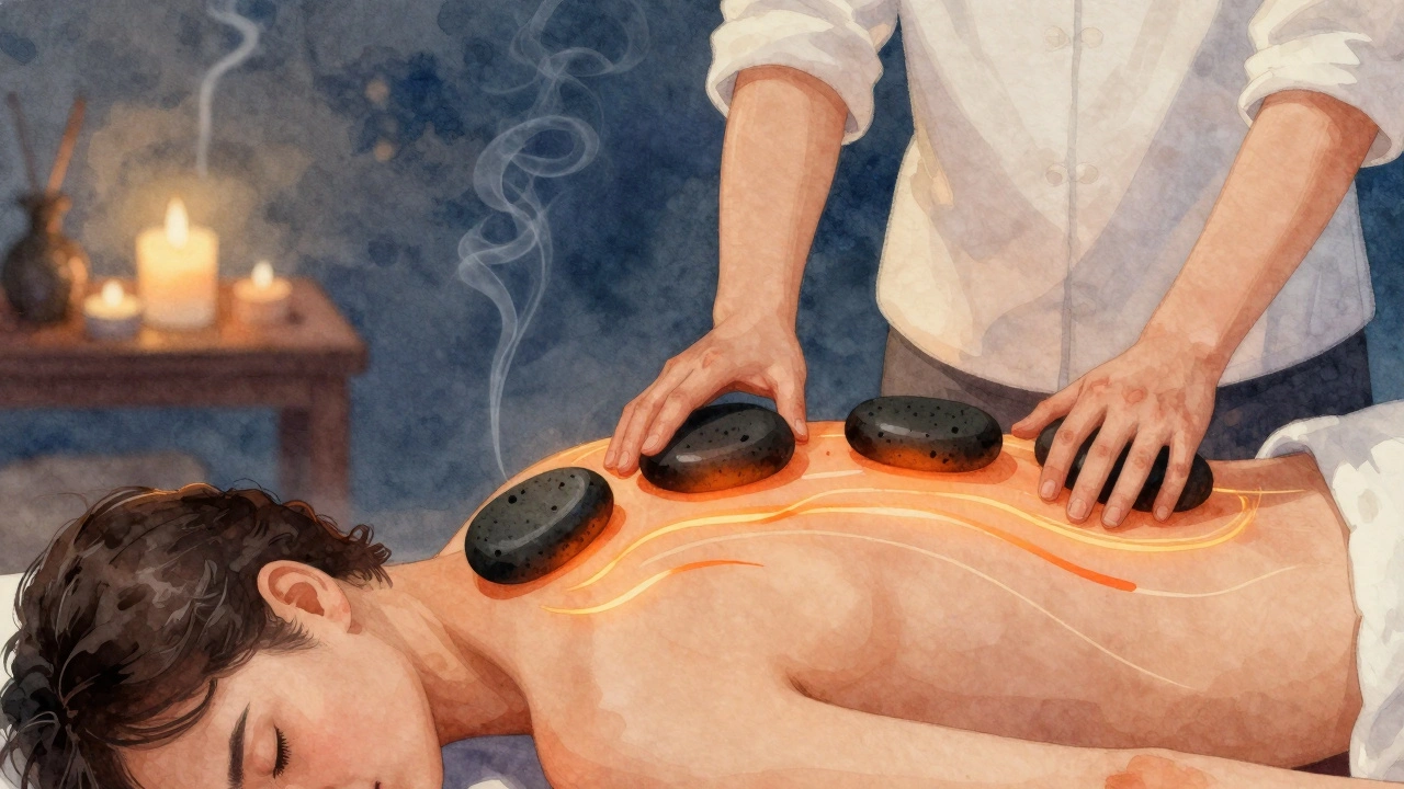 Masažér používá horké lávové kameny k jemné masáži ramen a páteře s cítitelným tepelným zářením.
