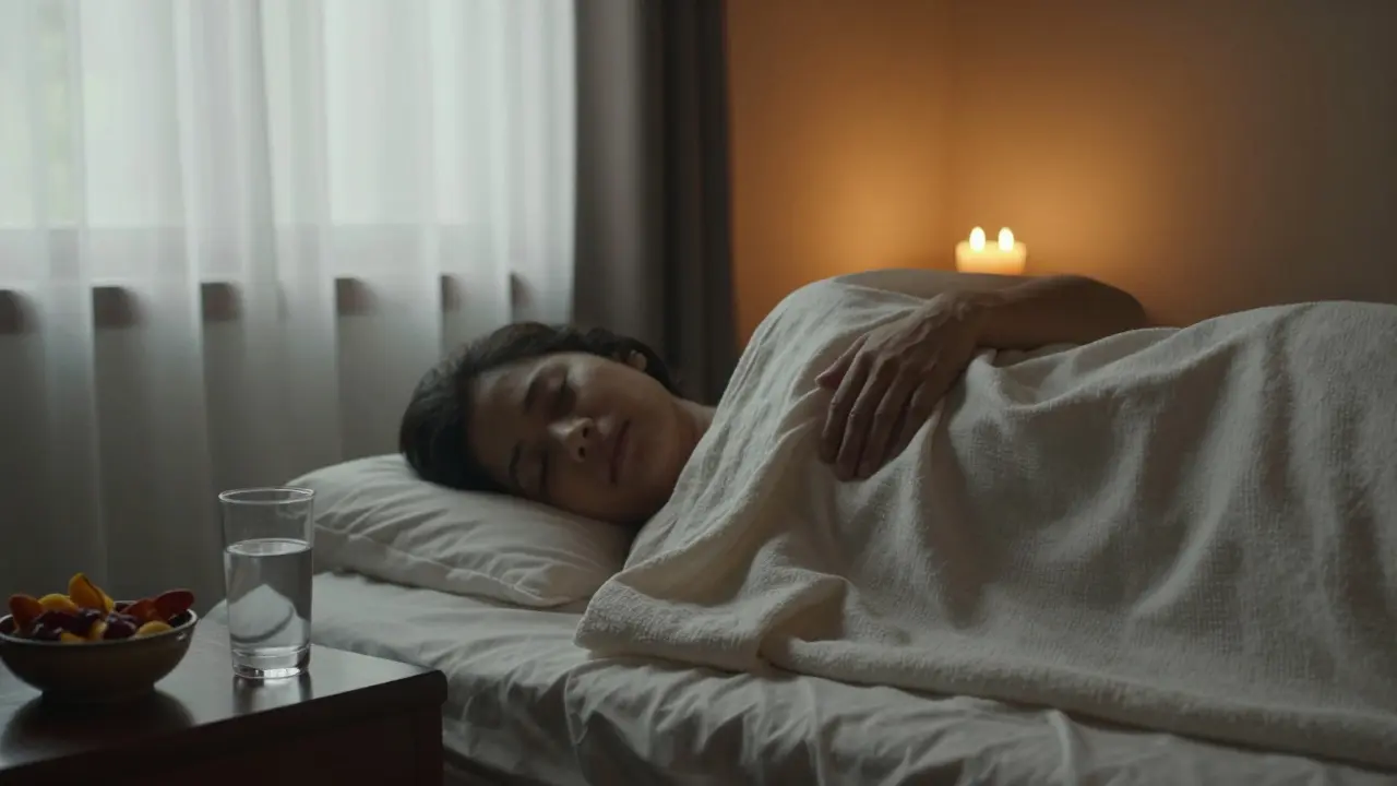 Osoba spí v klidné ložnici po masáži, osvětlená svíčkou a přírodním světlem.