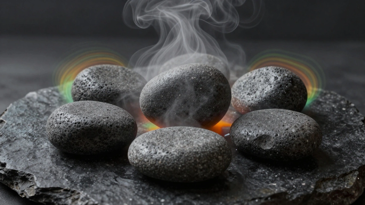 Pět čistých bazaltových lávových kamenů na kamenité podložce s jemnou párou a tepelným zářením.