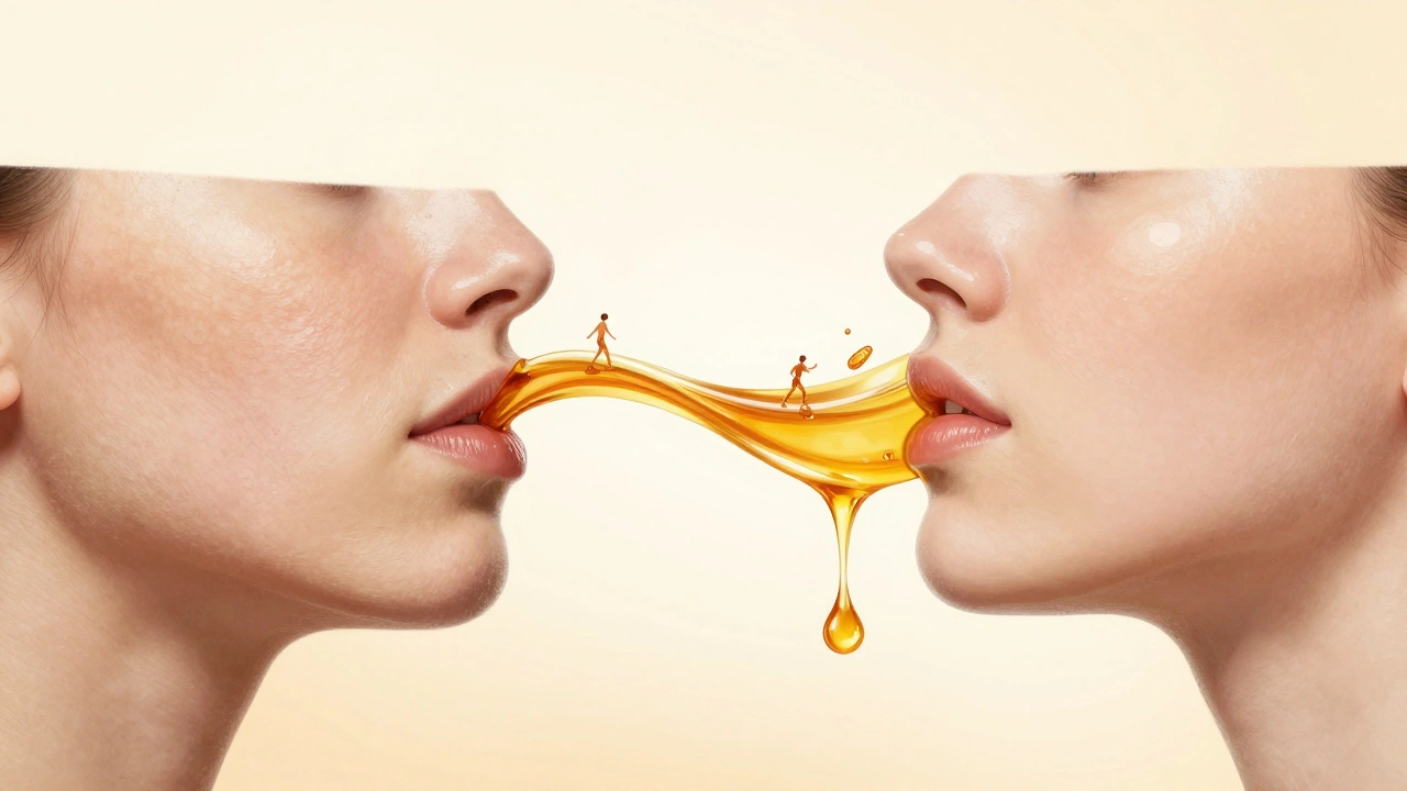 Srovnání hrubé a hladké kůže s medem jako přechodem mezi nimi, symbolizujícím zlepšení textury.