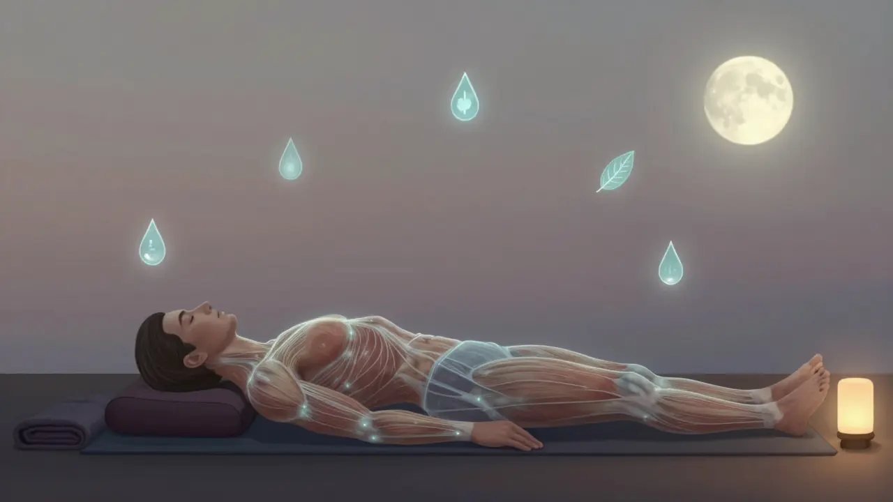 Tělo s jemnými energetickými čarami v klidu, symbolizující uvolnění bloků.