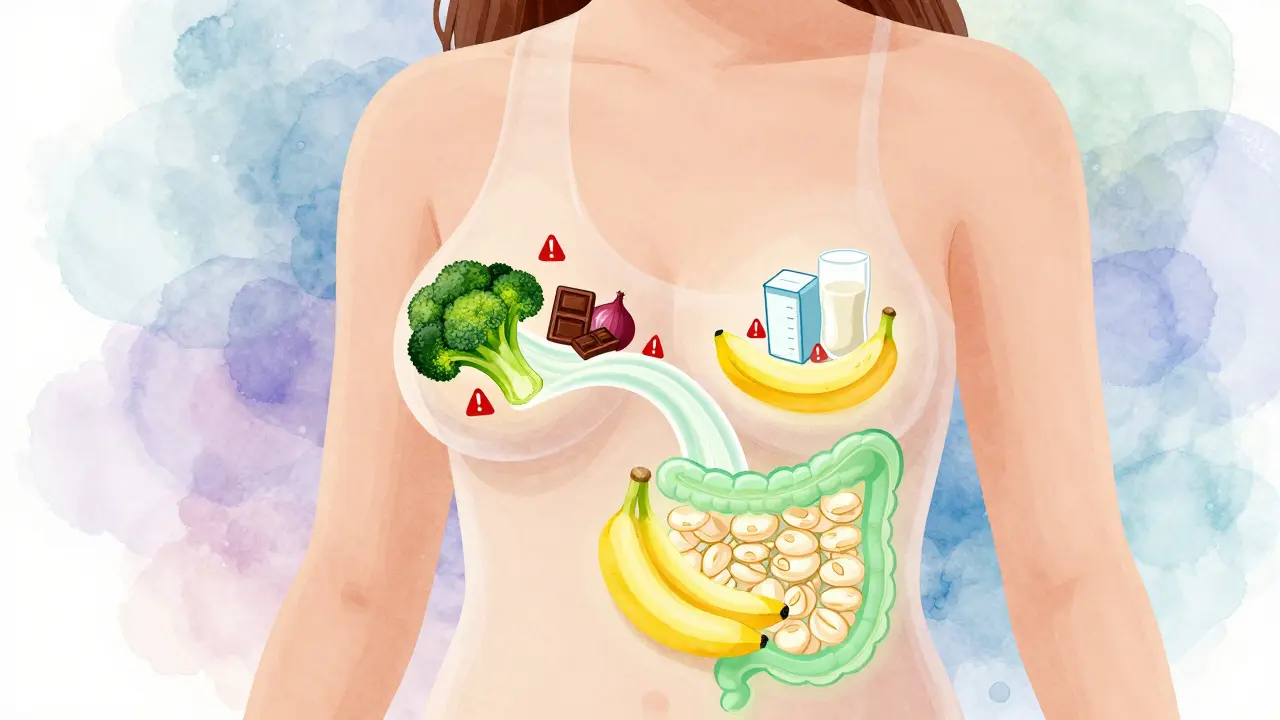 Transparentní ilustrace ukazující, jak potraviny matky ovlivňují trávicí systém miminka, s vyznačenými nebezpečnými a bezpečnými potravinami.