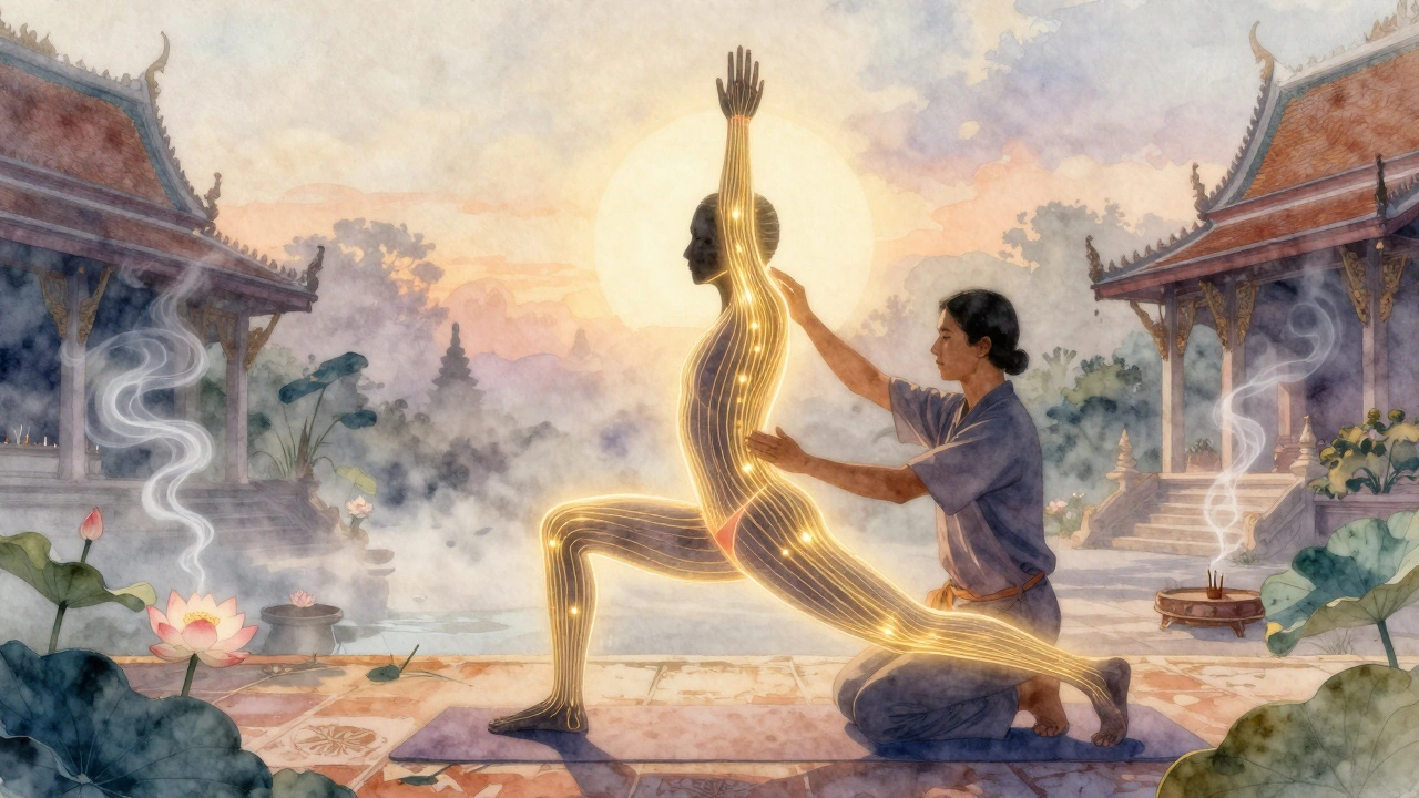 Zlaté energetické linie v těle jsou vidět jako zářící proužky při thajské masáži v klidném prostředí.