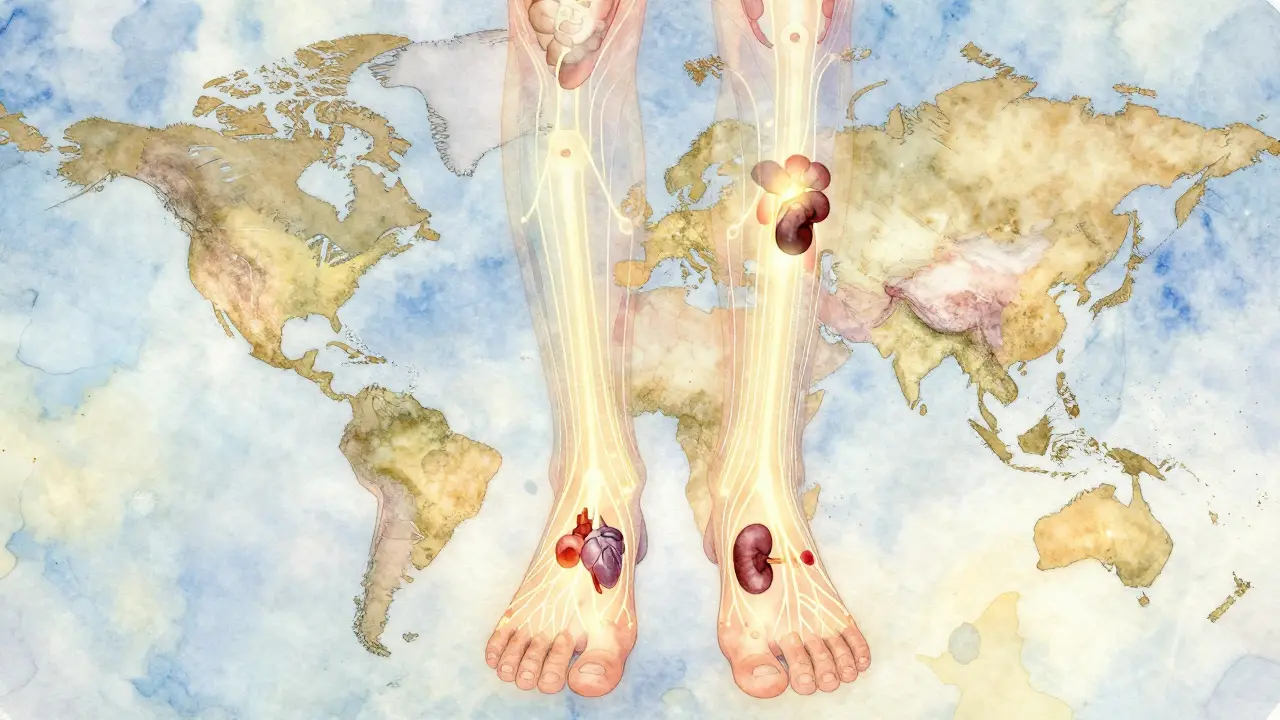 Abstraktní vodová barva znázorňující spojení mezi chodidly a vnitřními orgány.