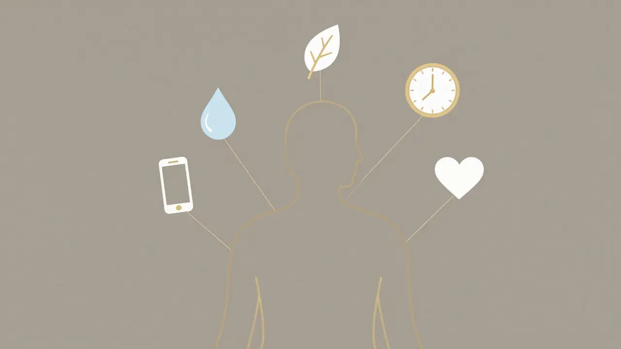 Abstraktní znázornění těla s symboly hydratace, klidu a času kolem něj.