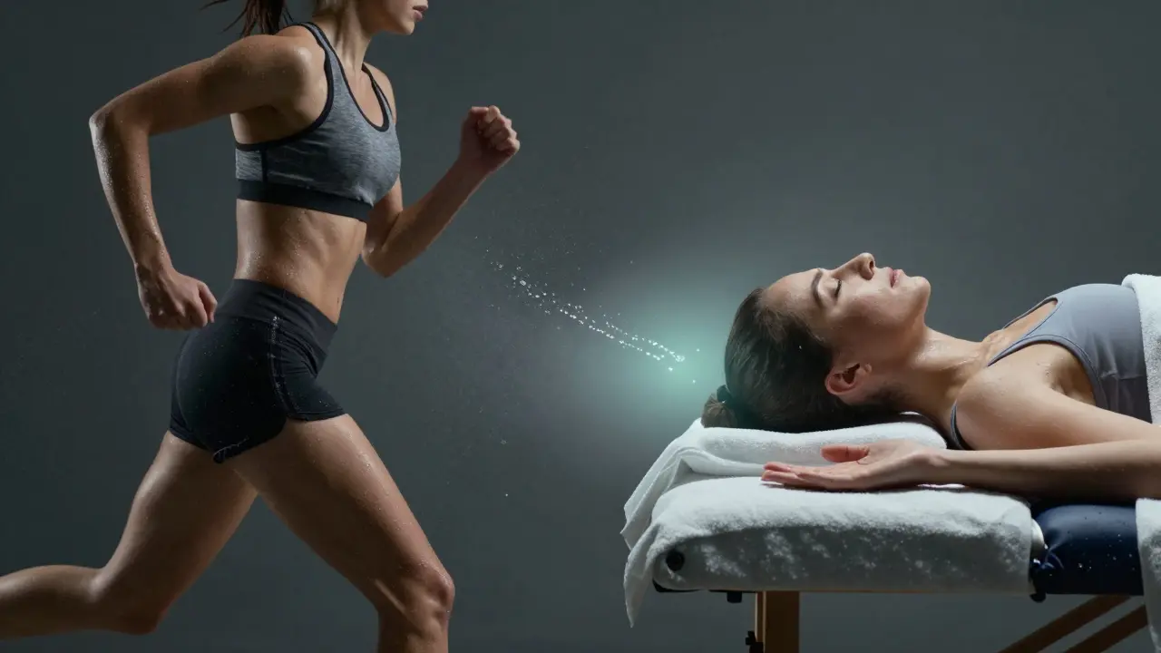 Dvě části jednoho člověka: jeden běží, druhý odpočívá na masážním lůžku.