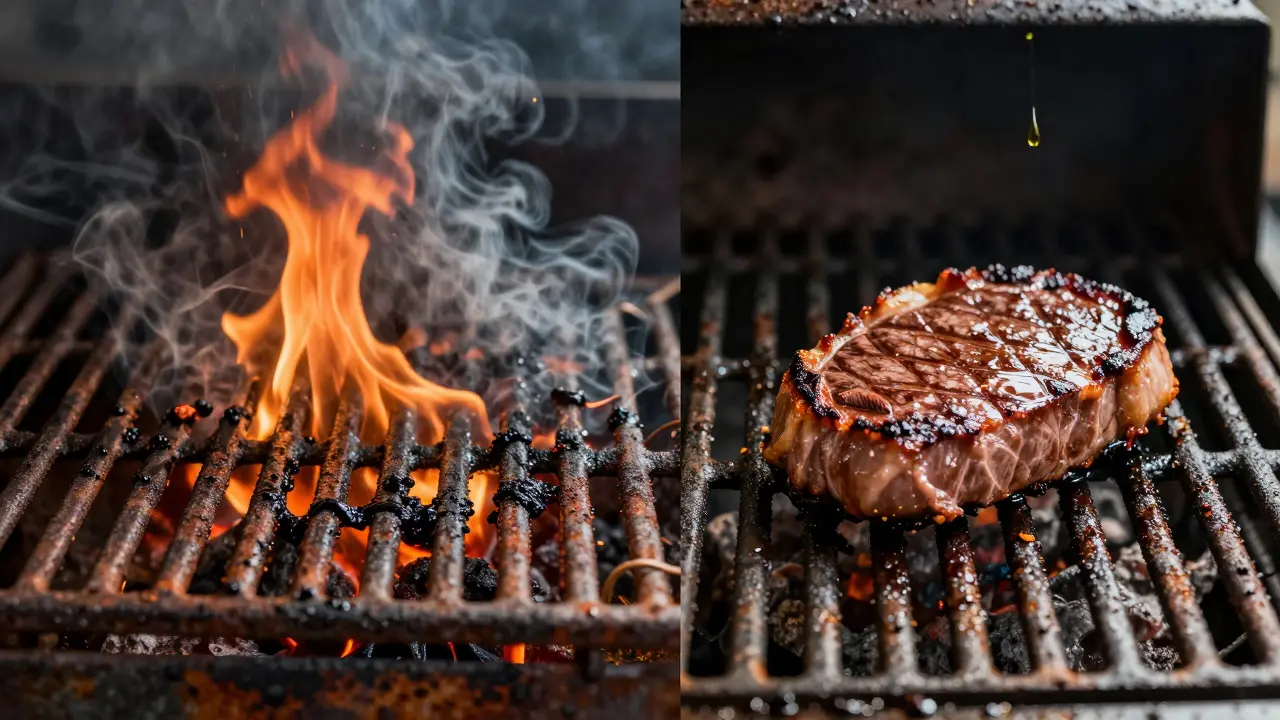 Dvě strany grilovací desky: špinavá s plameny a čistá s olejem a pečeným masem.