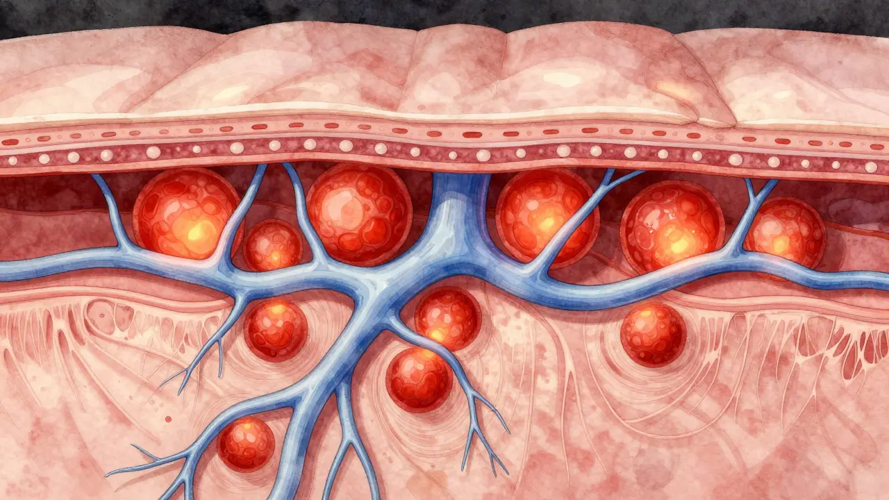 Křížový řez kůže a podkožní tkáně s rozšířenými kapilárami a odtokem lymfy pod podtlakem.