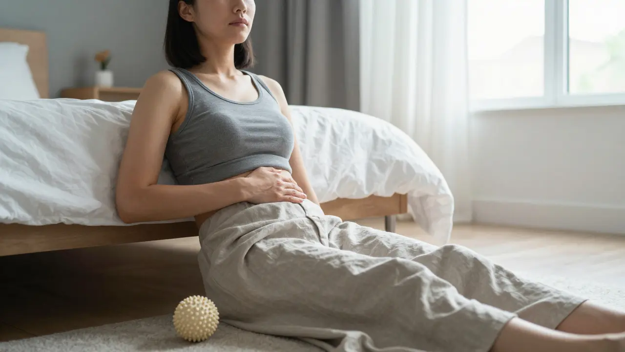 Osoba sedící na podlaze doma s rukou na břiše a masážní kuličkou vedle sebe, klidně dýchá v ranním světle.