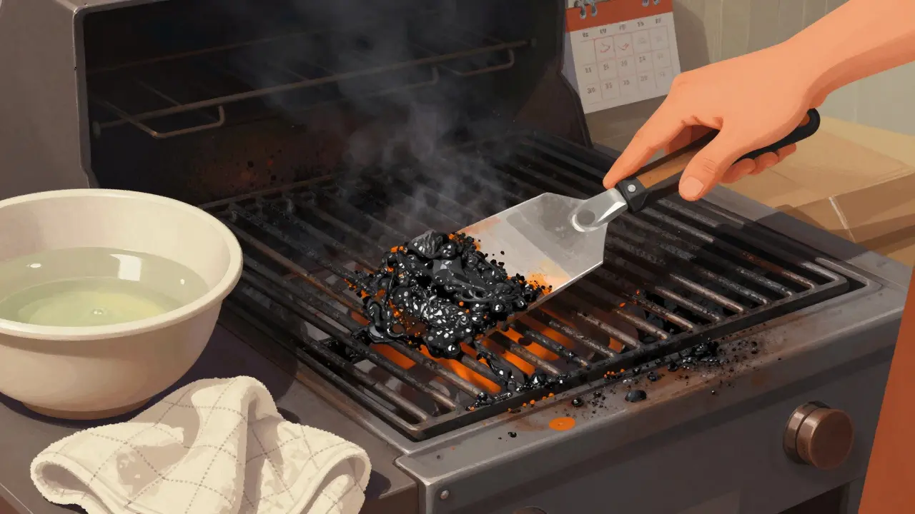 Osoba škrábe černé zbytky z grilovací desky kovovým scraperem s ocetem a hadříkem vedle.