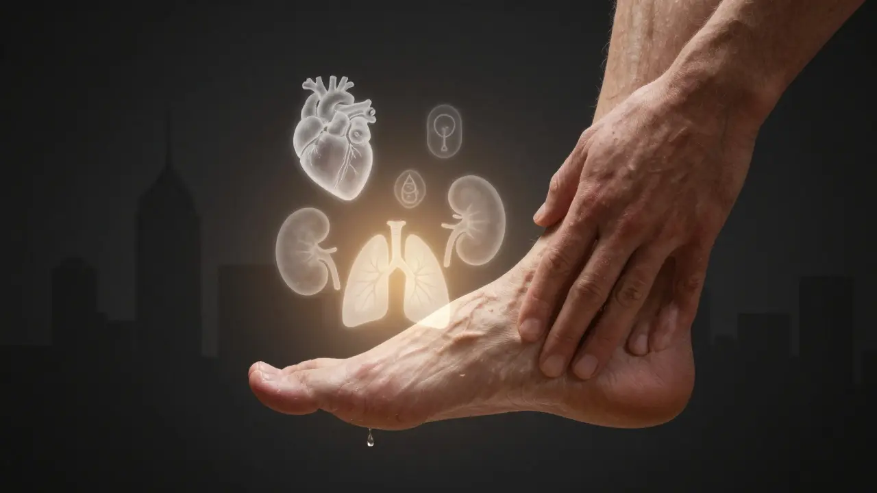 Ruka tlakuje chodidlo, z něj vystupují průhledné ikony orgánů ve zlatém světle.