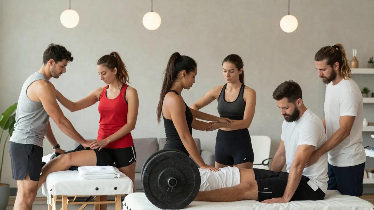 Různí sportovci dostávají personalizovanou sportovní masáž v různých prostředích.