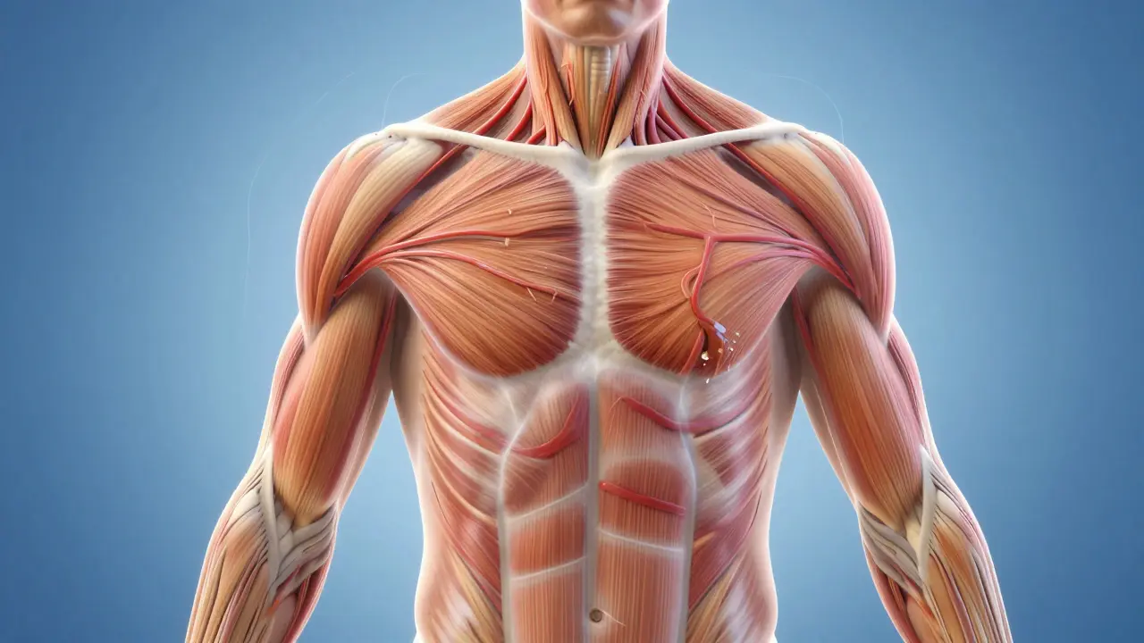 Transparentní obrázek těla s prouděním krve a odstraňováním odpadních látek při sportovní masáži.