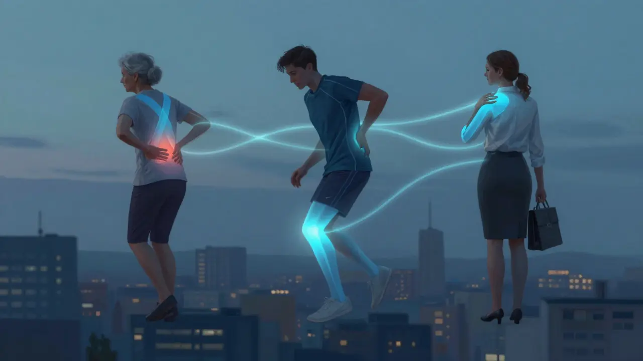 Tři lidé s osvětlenými tejpy nad bolestivými oblastmi nad městem.