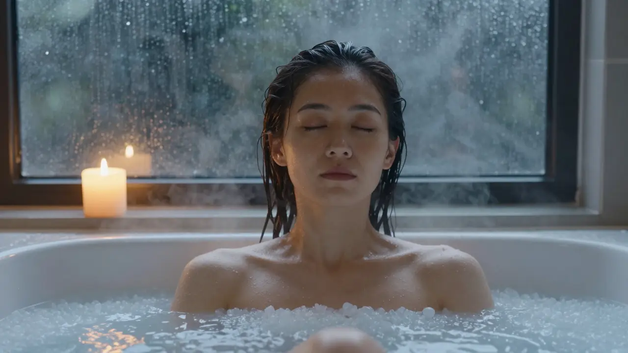 Žena v teplé koupeli s mořskou solí, klidně odpočívá ve vodě s výparou.