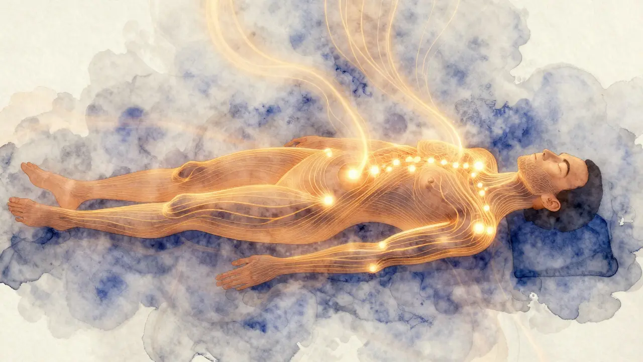 Abstraktní znázornění energetických meridiánů zlatými čarami procházejících tělem během shiatsu.