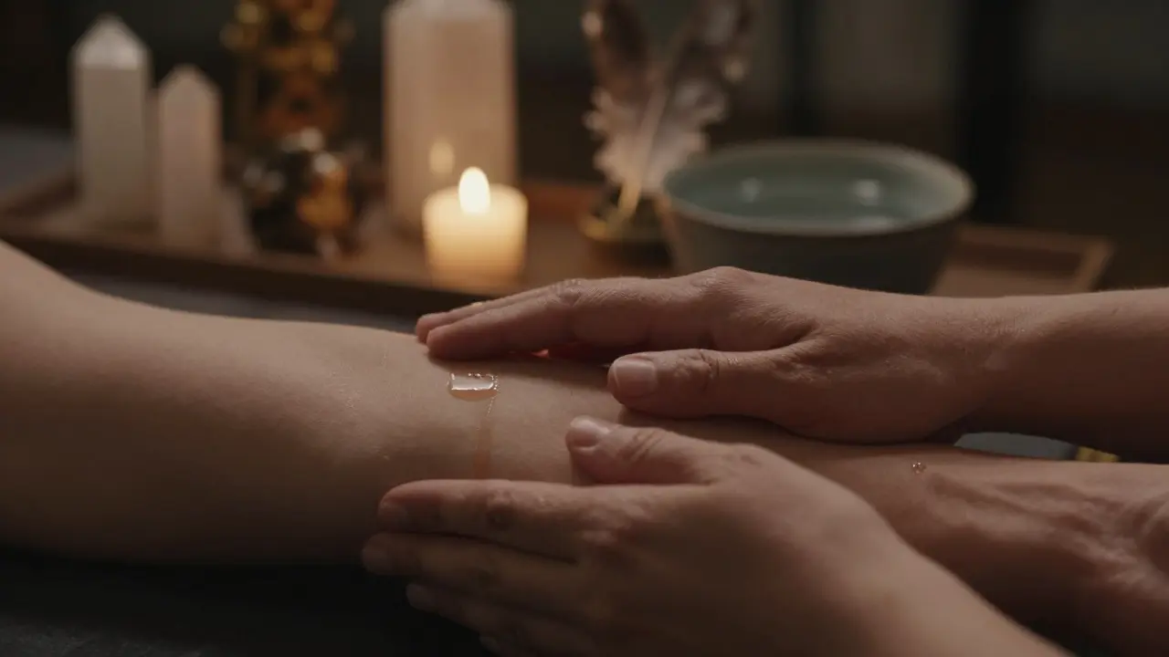 Dvě ruce se dotýkají jemně na předloktí, jedna z nich se zrcadlí slzou na tváři — tichá chvíle důvěry a zranitelnosti.