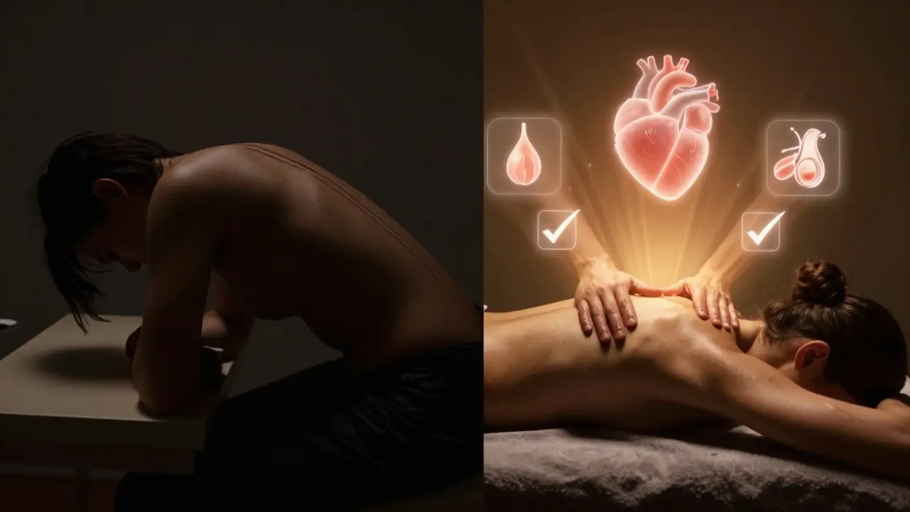 Dvě strany jednoho člověka: napjatý ve stresu a uvolněný po masáži, symbolizující přechod od bolesti k uzdravení.