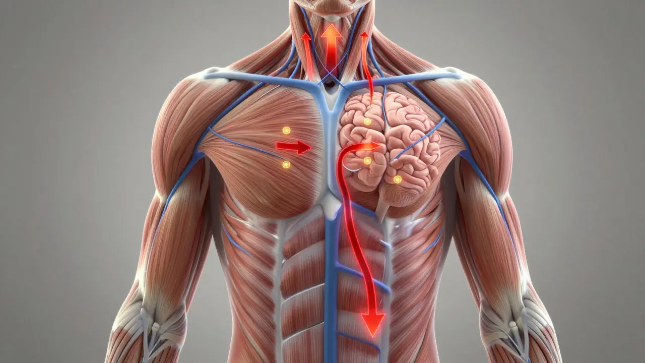 Ilustrace lidského těla s vyznačeným zvýšeným krevním oběhem, lymfatickým tokem a snížením stresového hormonu.