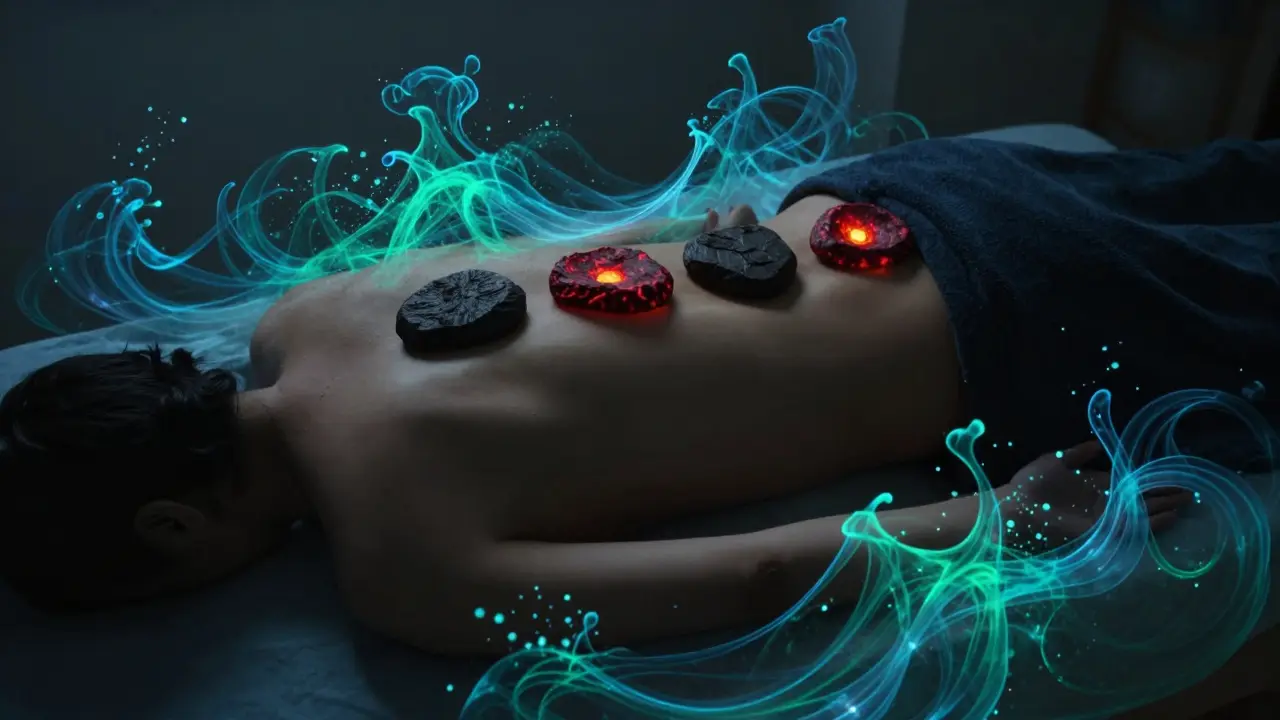 Kameny na těle symbolizují zlepšení oběhu a přirozenou detoxikaci.