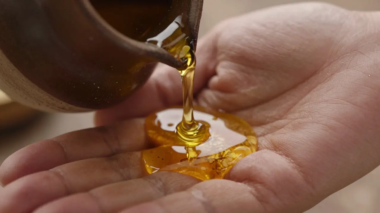 Kapky sesamového oleje tekoucí z hliněného džbánku do dlaně.