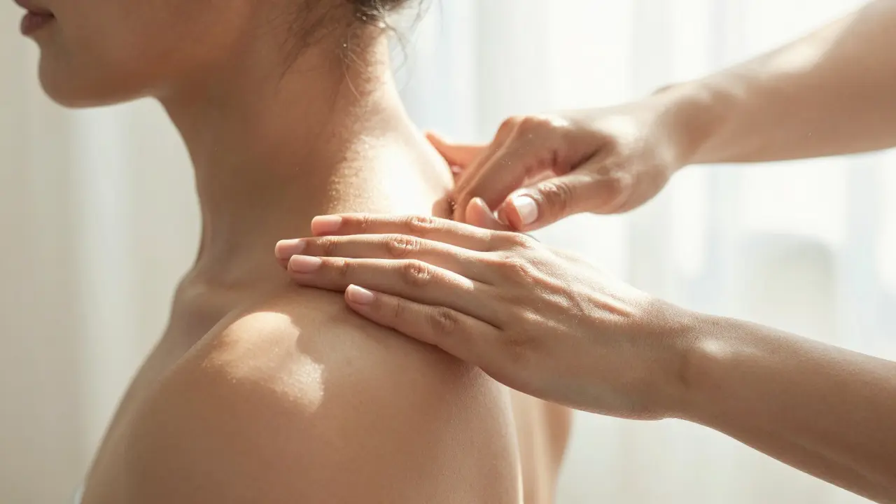 Ruce masérky se pohybují lehce po rameni a krku bez tlačení, jen s jemným dotykem.