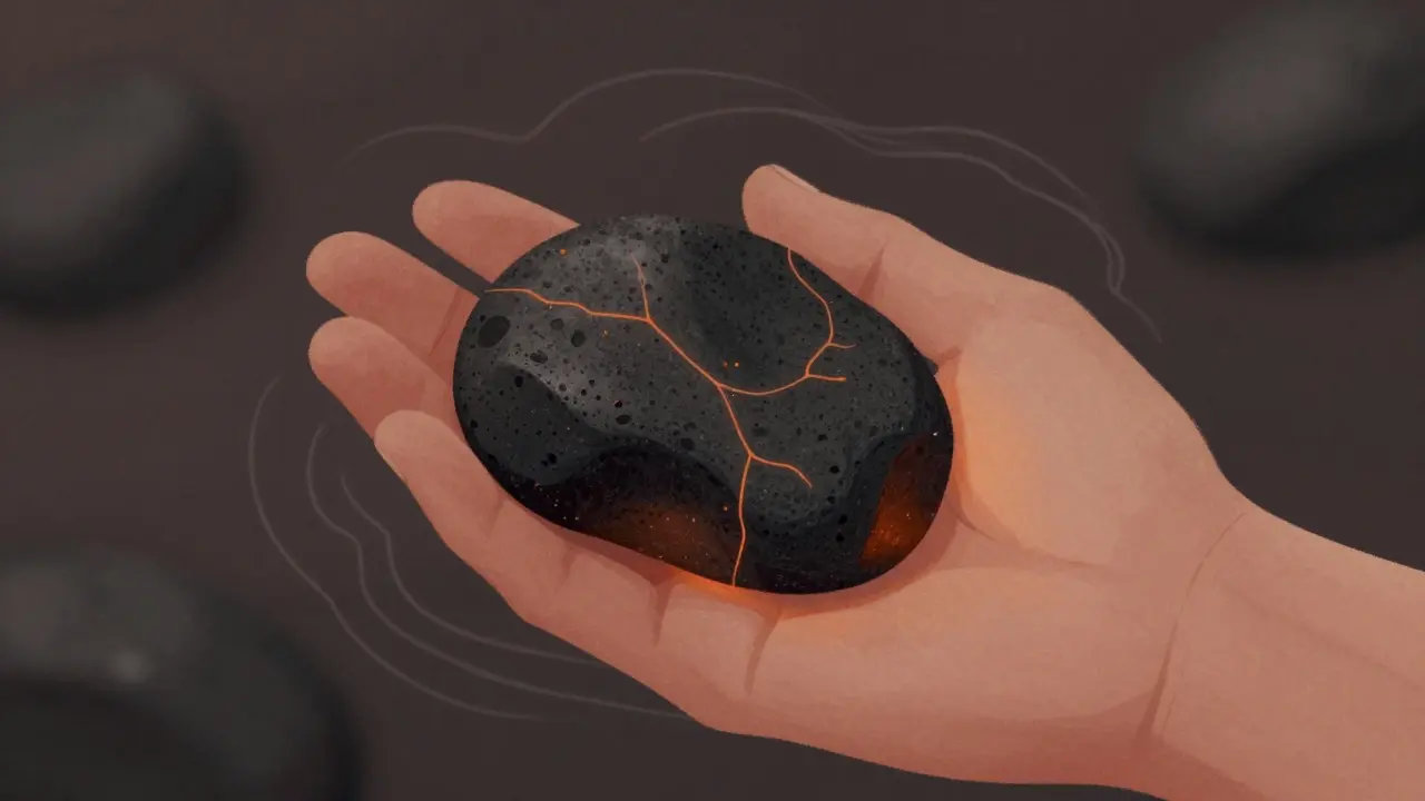 Ruka drží teplý bazaltový kámen, jehož teplo zahřívá kůži jemným zářivým světlem.